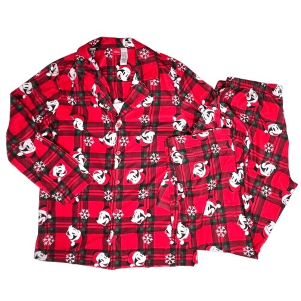 Disney Mickey Mouse Holiday Party‎ Santa Hat Plaid Flannel Pajama Pant Set LARGE